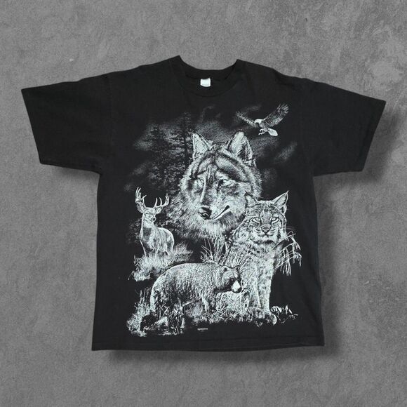 Vintage 90s AOP All Over Print Nature Wilderness Animal Print Single Stitch L - Picture 1 of 8